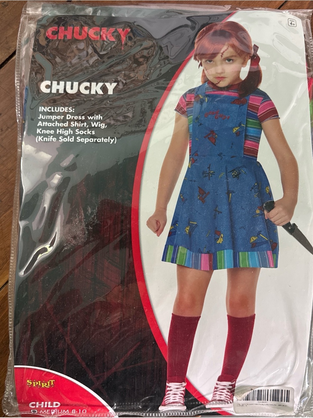 Spirit Chucky Girls' Blue Jumper Dress Costume with Red Socks
